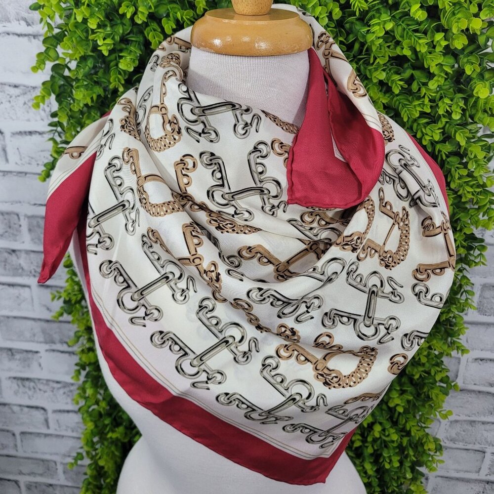 Vintage Gucci Horsebit Equestrian Silk Scarf Silver Gold Red 31x34in